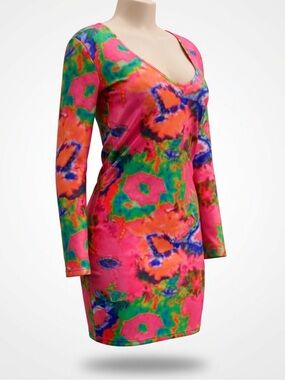 Vibrant Pink Multicolor Scoop Bodycon Long Sleeve Dress